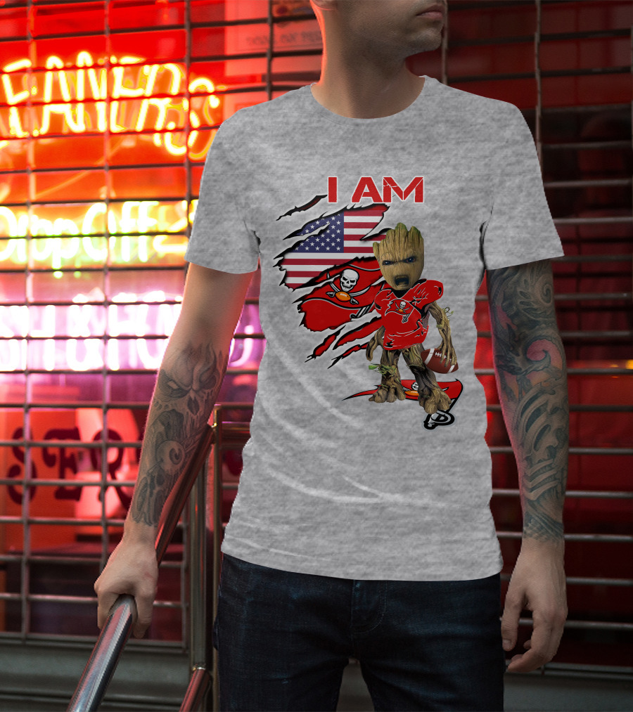 I Am Buc Baby Groot American Flag Football Buccaneers T-Shirt
