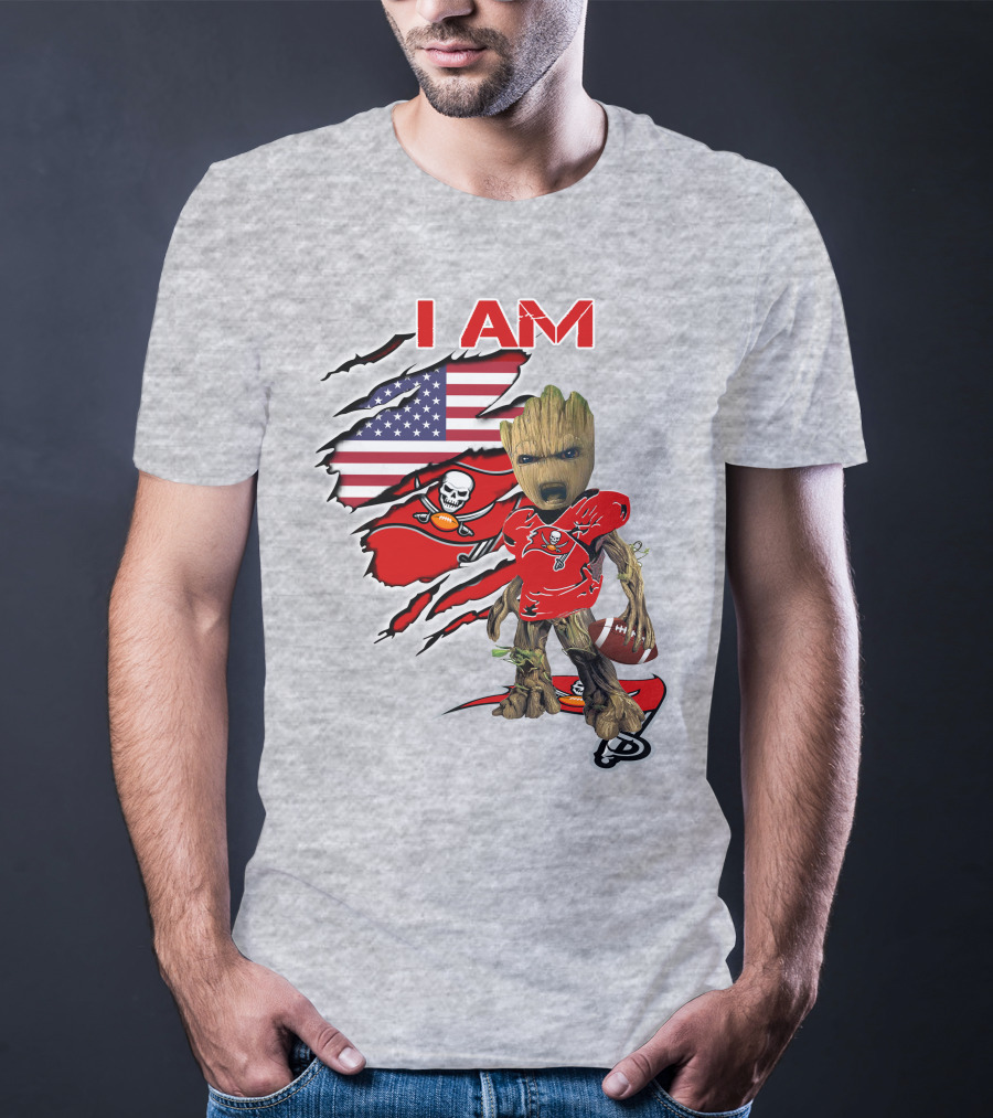 I Am Buc Baby Groot American Flag Football Buccaneers T-Shirt