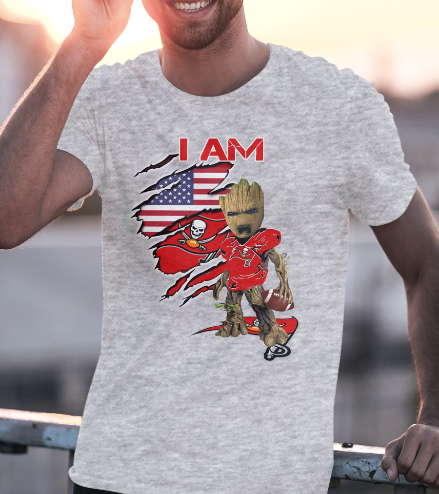 I Am Buc Baby Groot American Flag Football Buccaneers T-Shirt