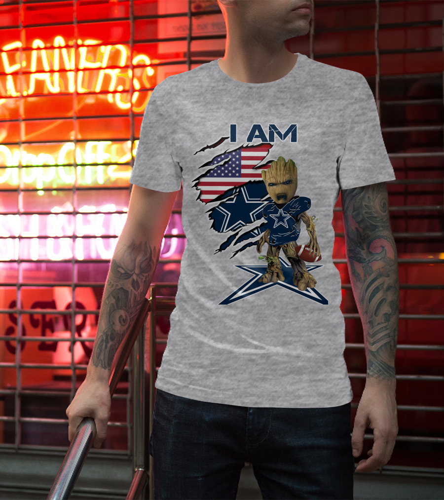 I Am Baby Groot Cowboys Fan With American Flag And Football T-Shirt