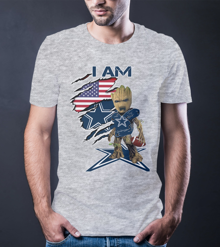 I Am Baby Groot Cowboys Fan With American Flag And Football T-Shirt