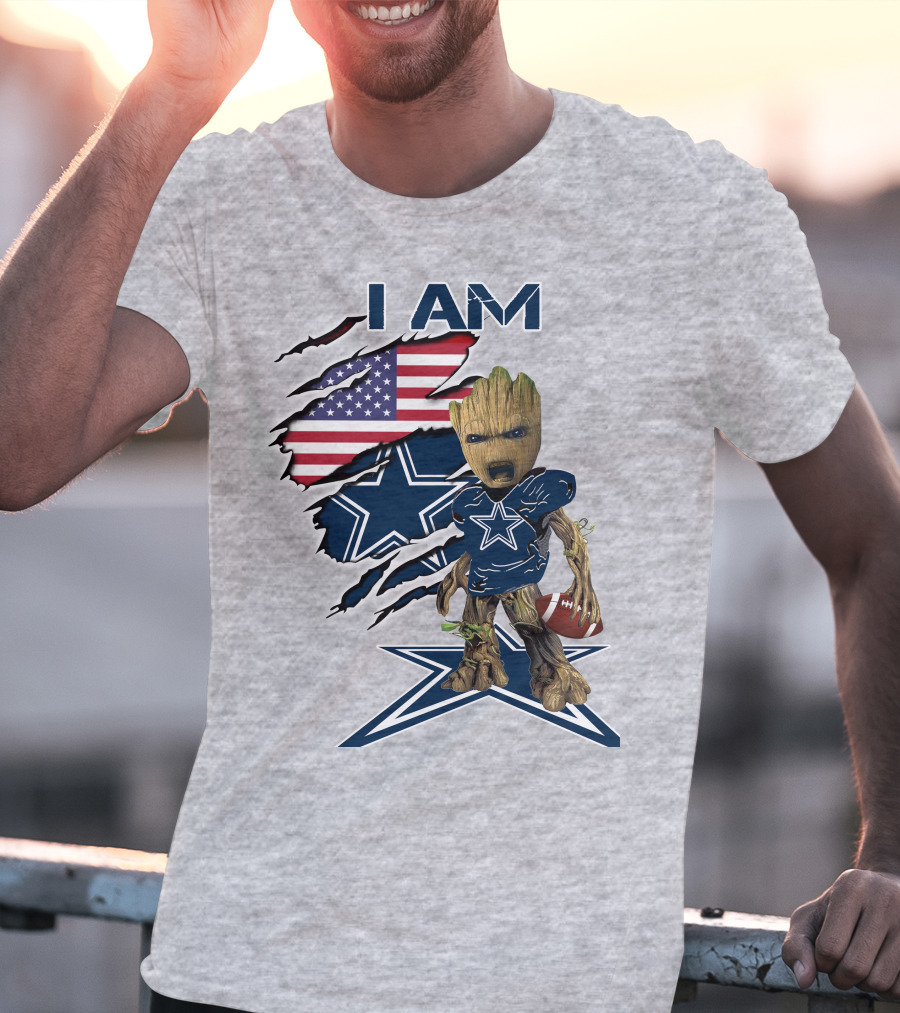 I Am Baby Groot Cowboys Fan With American Flag And Football T-Shirt