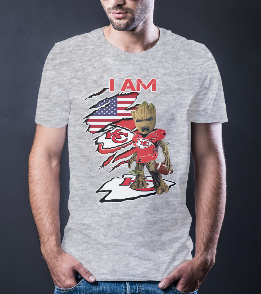 I Am Chiefs Baby Groot Kansas City Football American Flag T-Shirt
