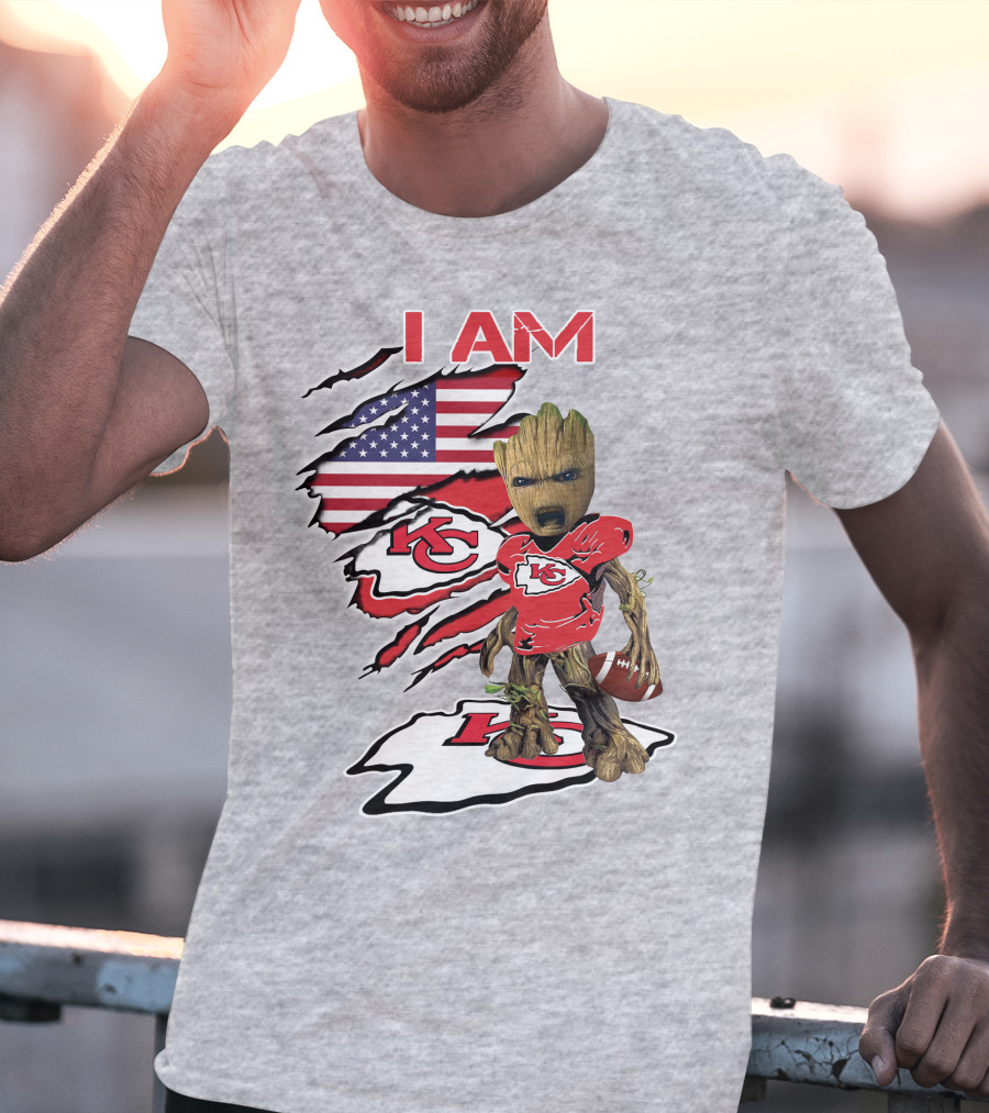 I Am Chiefs Baby Groot Kansas City Football American Flag T-Shirt