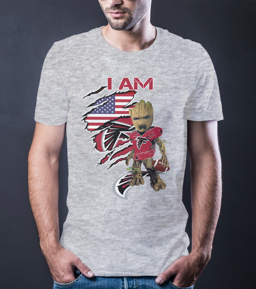 I Am Falcons Baby Groot Usa Flag Football T-Shirt