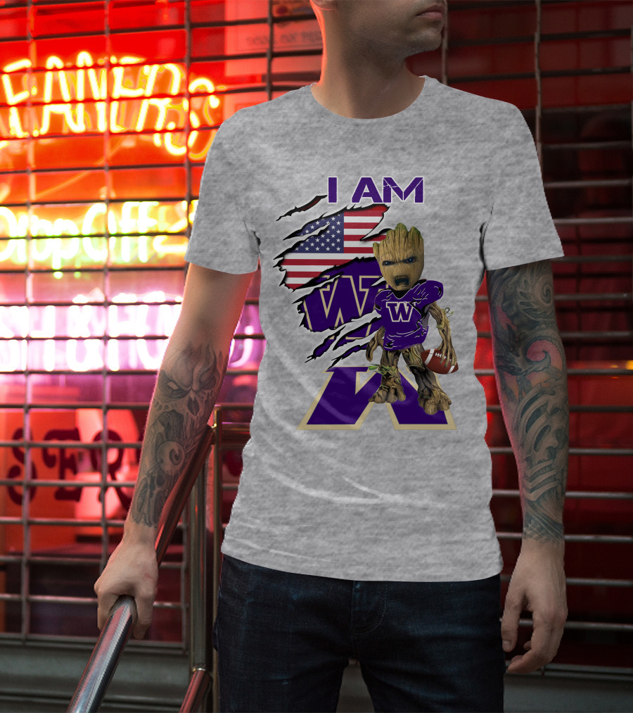 I AM Huskies Baby Groot Football USA Flag T-Shirt