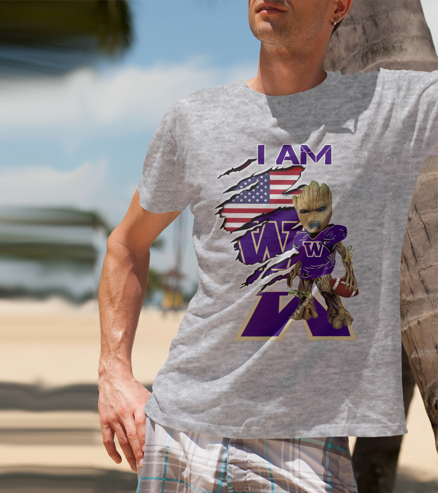I AM Huskies Baby Groot Football USA Flag T-Shirt