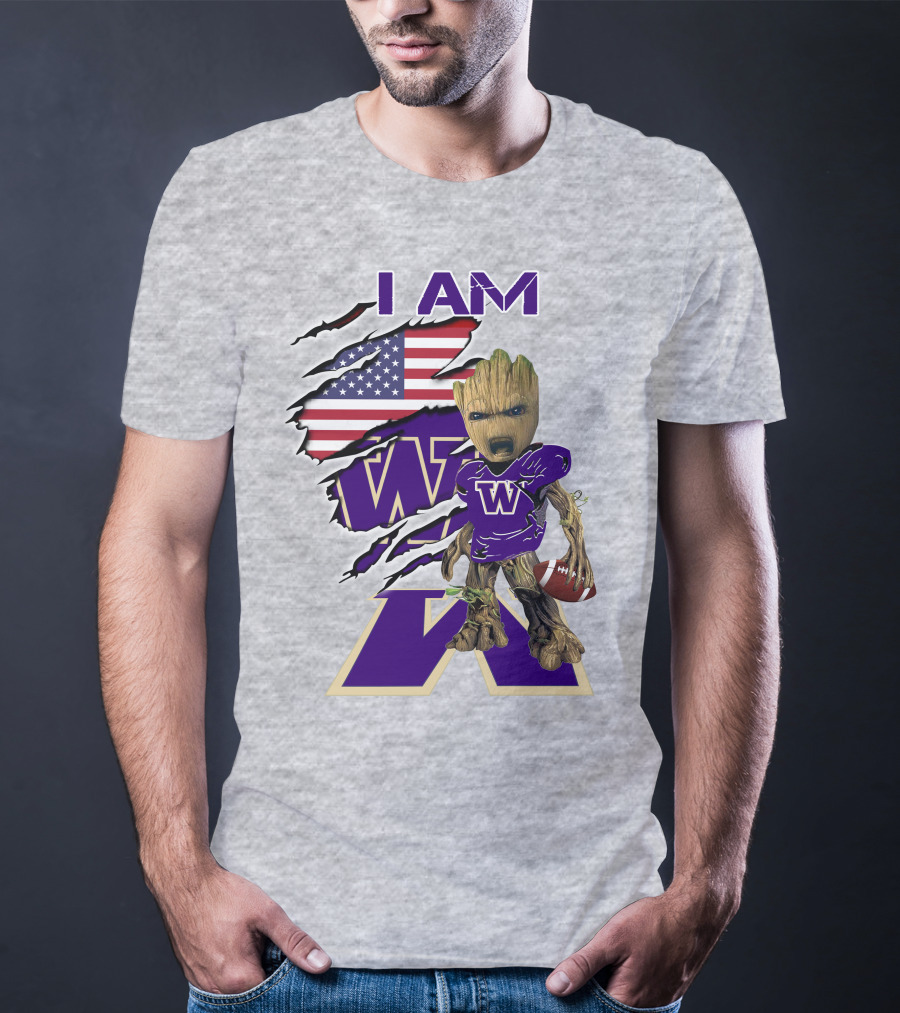 I AM Huskies Baby Groot Football USA Flag T-Shirt