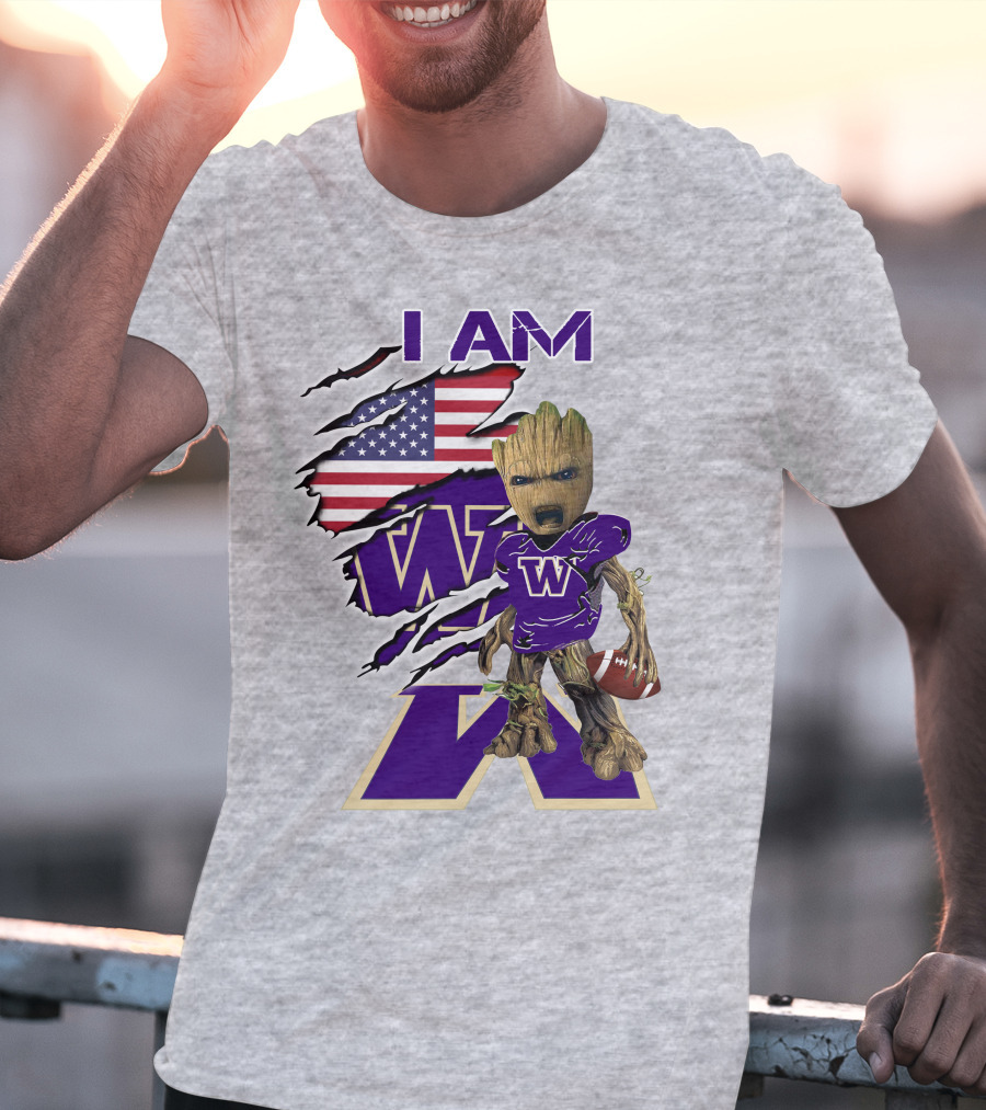 I AM Huskies Baby Groot Football USA Flag T-Shirt