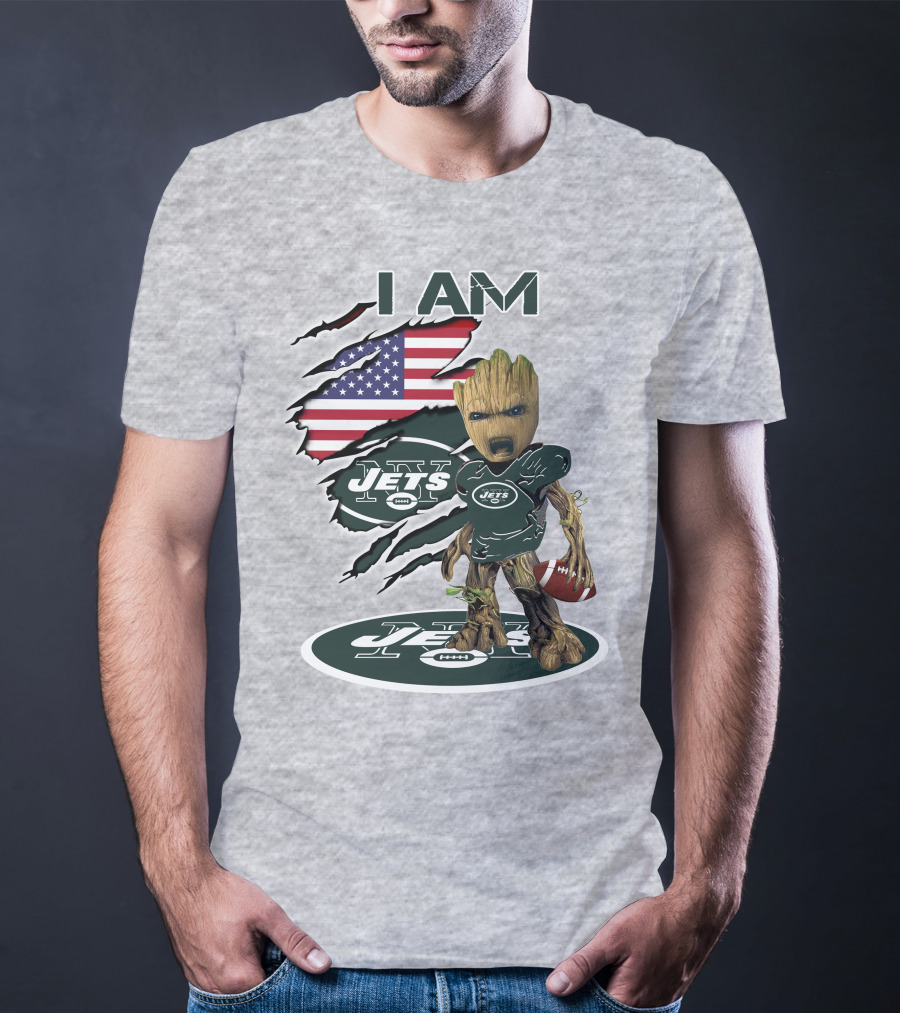 I Am Jets Baby Groot American Flag Football Fan T-Shirt