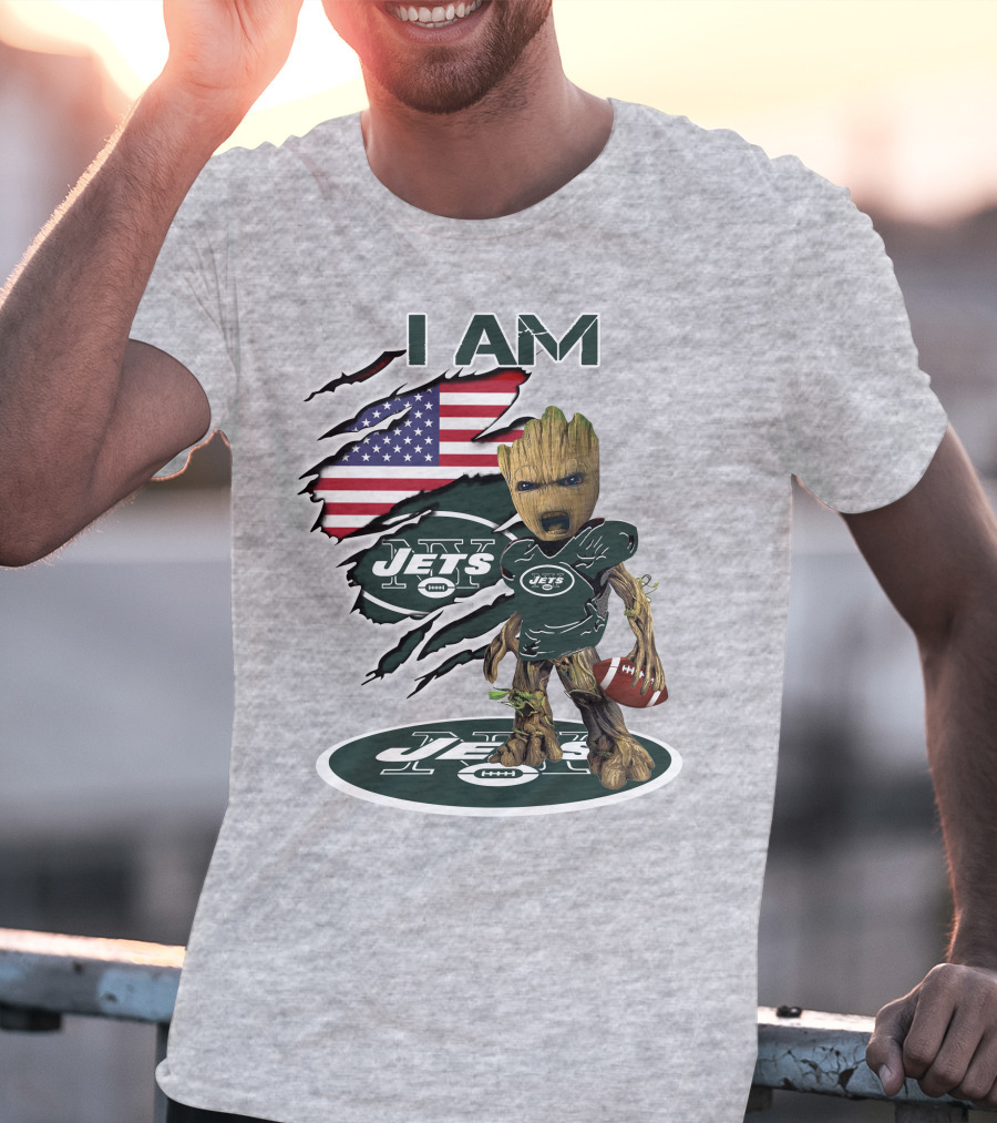 I Am Jets Baby Groot American Flag Football Fan T-Shirt