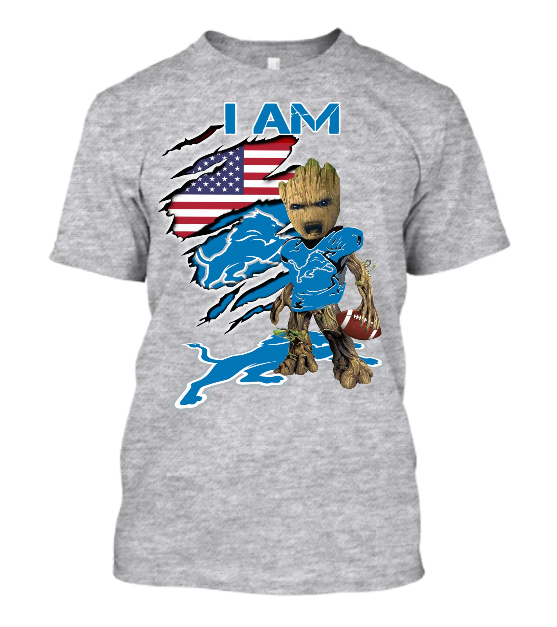 I Am Lions Baby Groot Football American Flag T-Shirt