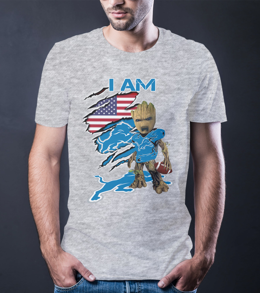 I Am Lions Baby Groot Football American Flag T-Shirt