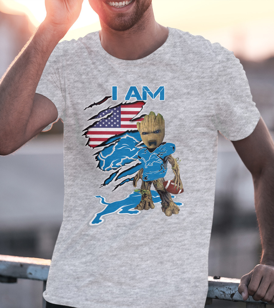 I Am Lions Baby Groot Football American Flag T-Shirt