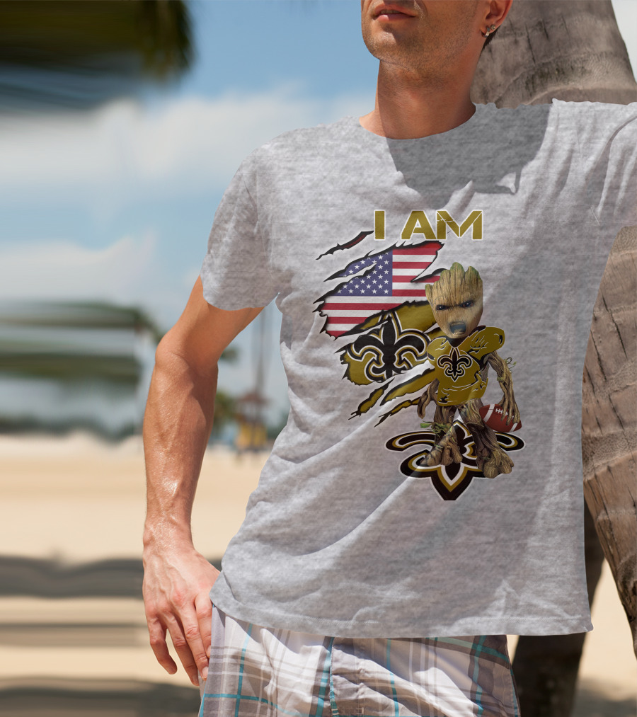 I Am Baby Groot Saints Fleur-De-Lis American Flag Football T-Shirt