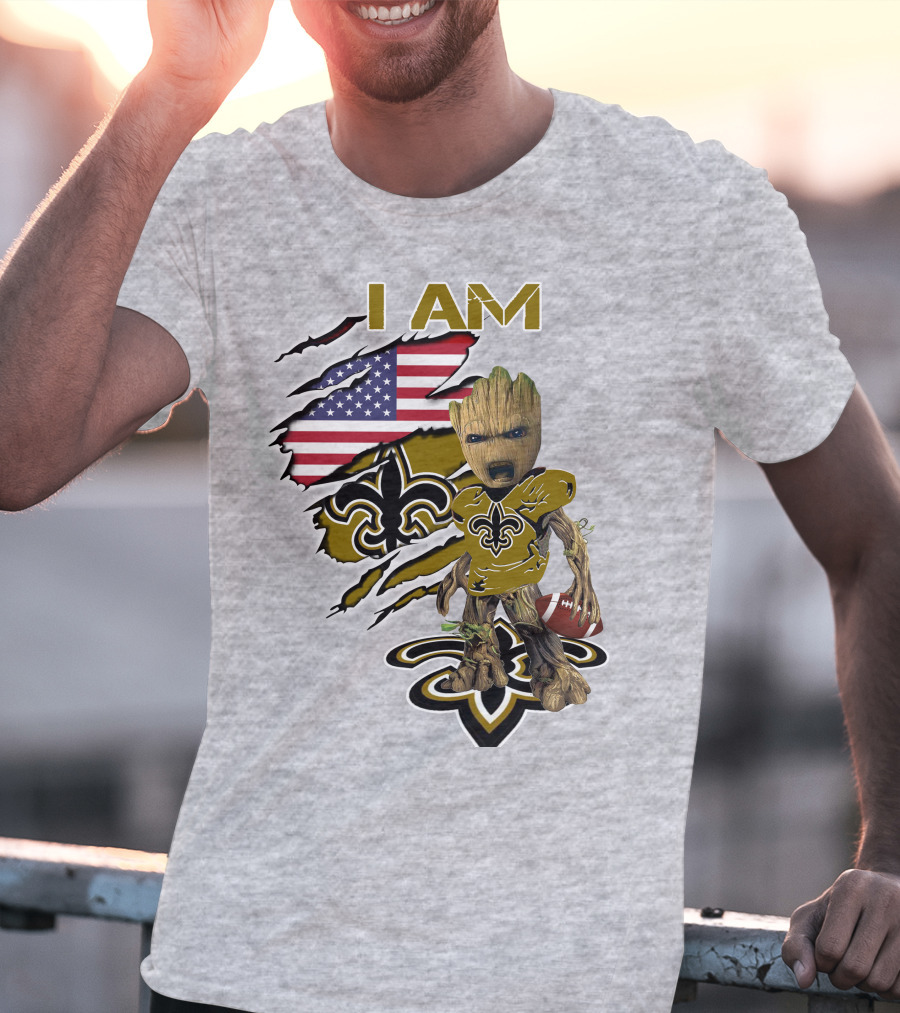 I Am Baby Groot Saints Fleur-De-Lis American Flag Football T-Shirt