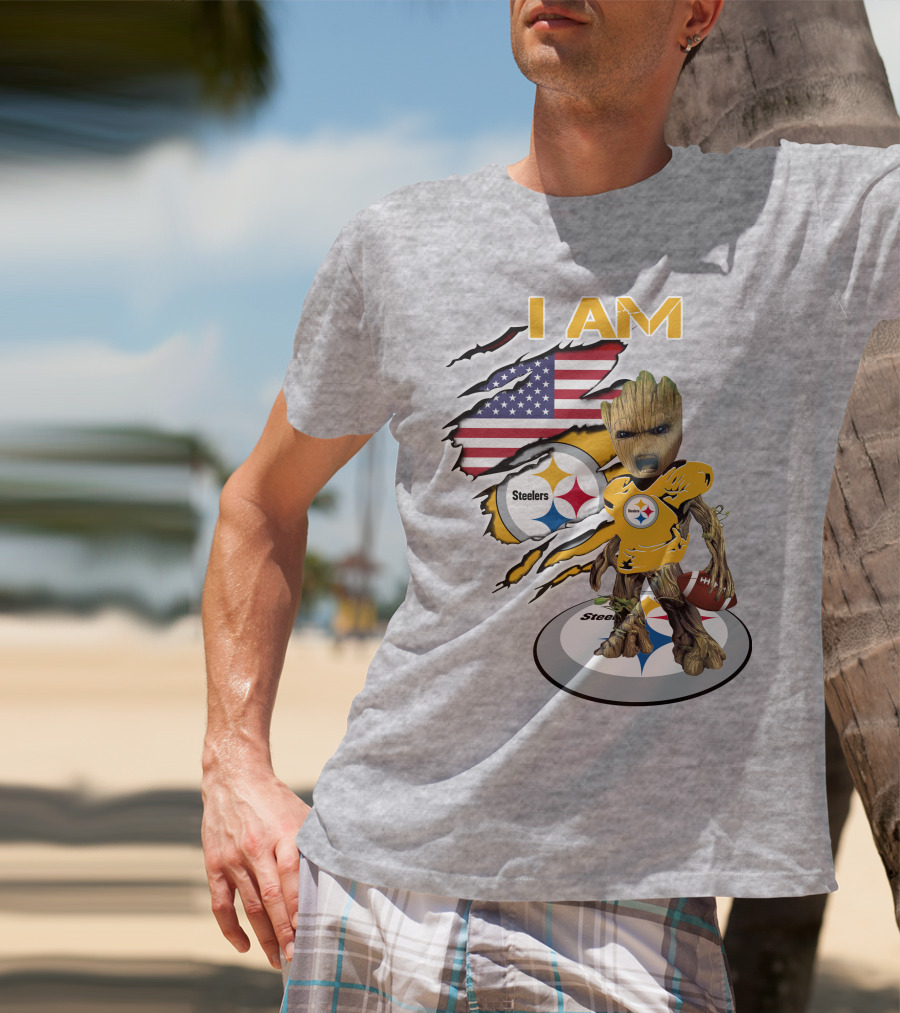 I AM Steelers Baby Groot American Flag Football Fan Gear T-Shirt