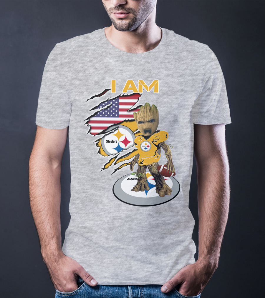I AM Steelers Baby Groot American Flag Football Fan Gear T-Shirt