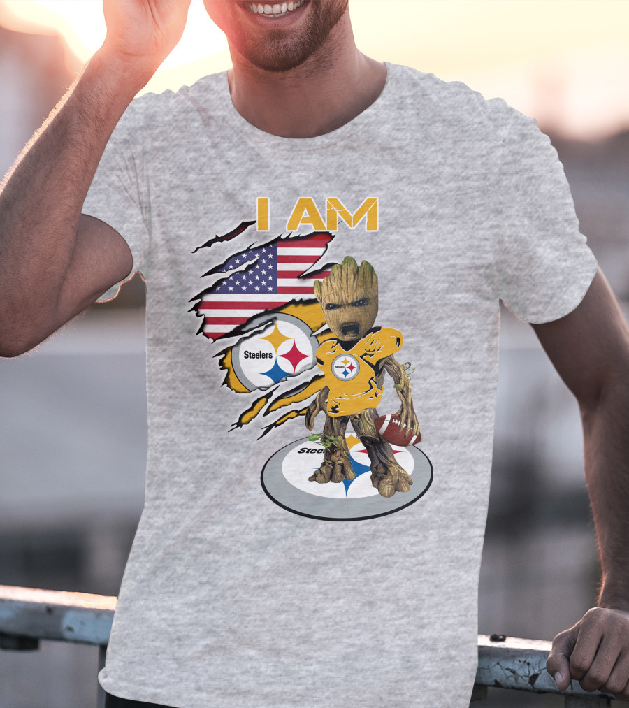 I AM Steelers Baby Groot American Flag Football Fan Gear T-Shirt