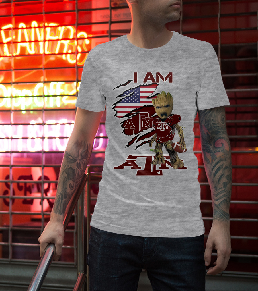 I Am Texas A&M Baby Groot American Flag Football T-Shirt