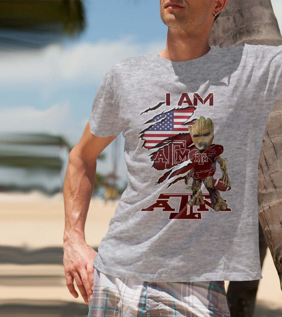 I Am Texas A&M Baby Groot American Flag Football T-Shirt