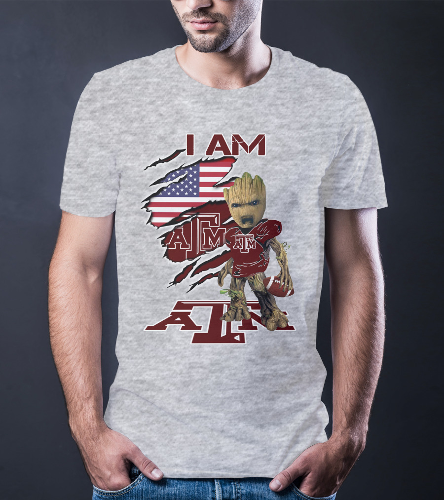 I Am Texas A&M Baby Groot American Flag Football T-Shirt