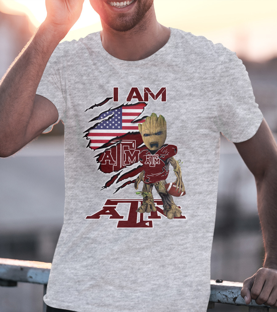 I Am Texas A&M Baby Groot American Flag Football T-Shirt