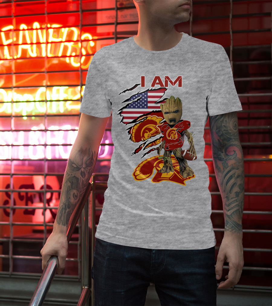 I AM Trojans Baby Groot Football American Flag T-Shirt