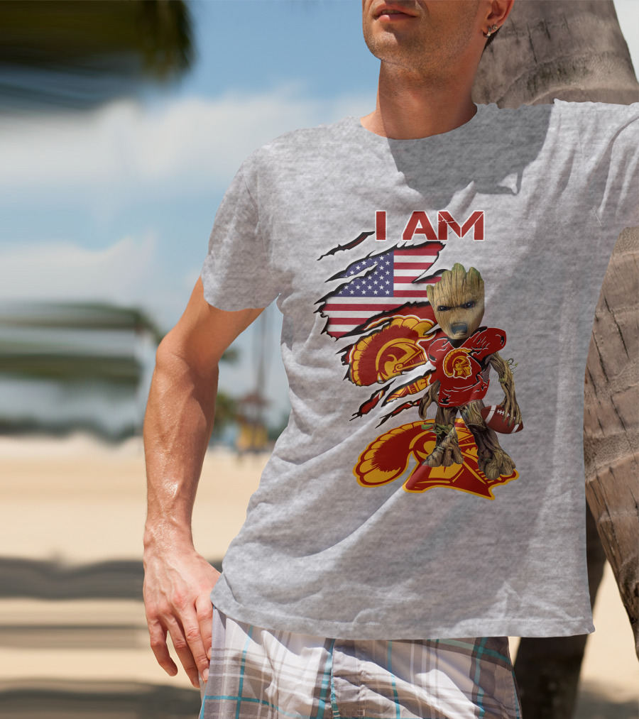 I AM Trojans Baby Groot Football American Flag T-Shirt