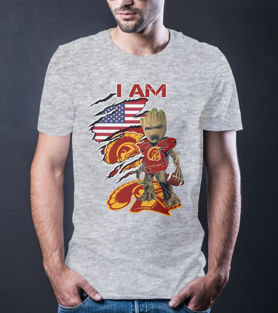 I AM Trojans Baby Groot Football American Flag T-Shirt
