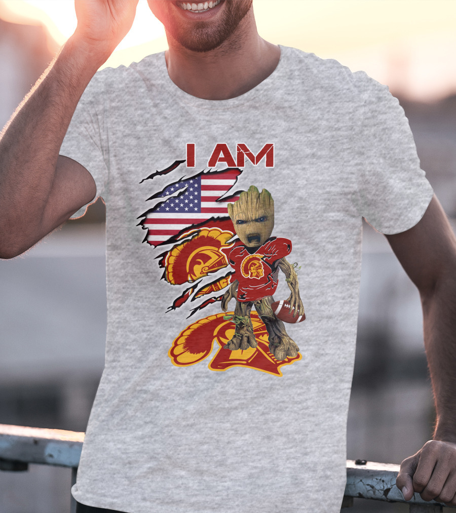 I AM Trojans Baby Groot Football American Flag T-Shirt