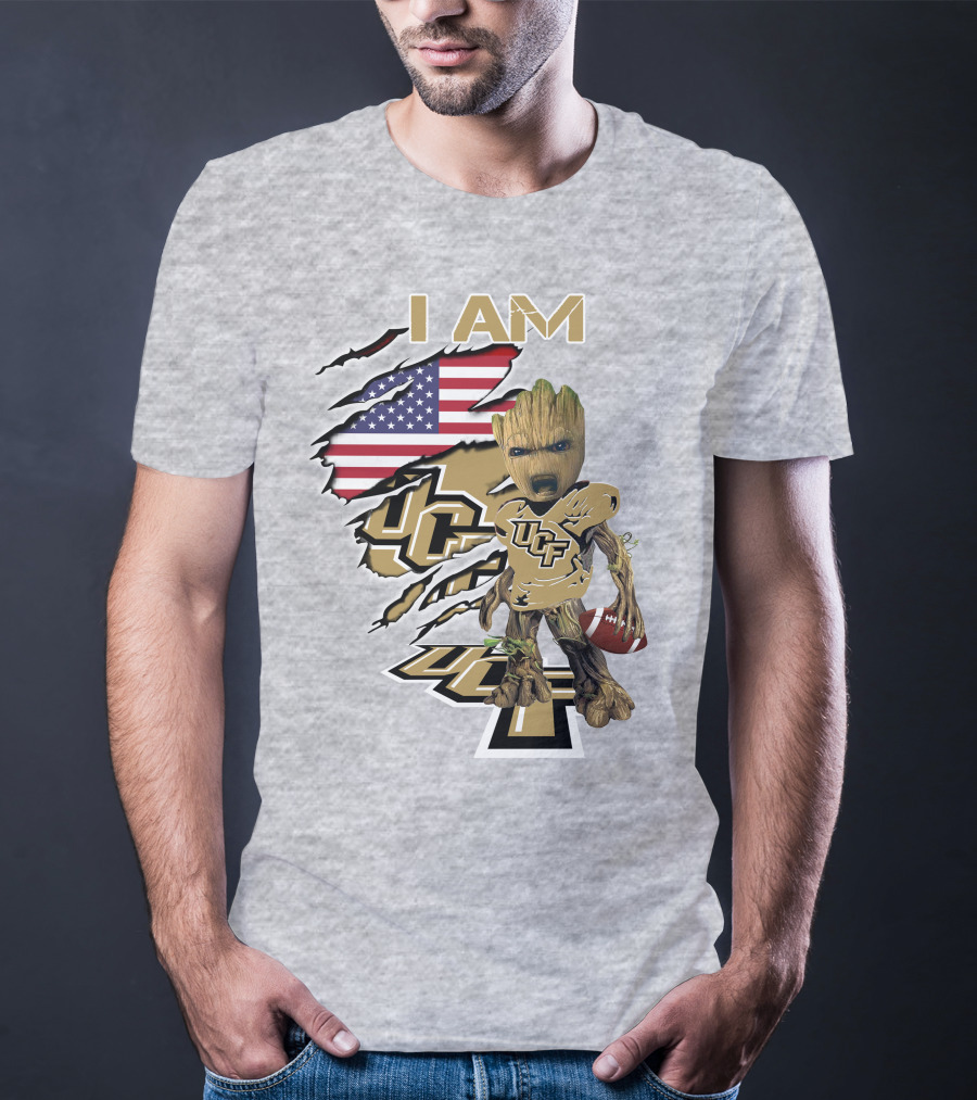 UCF Baby Groot I Am American Flag Football T-Shirt