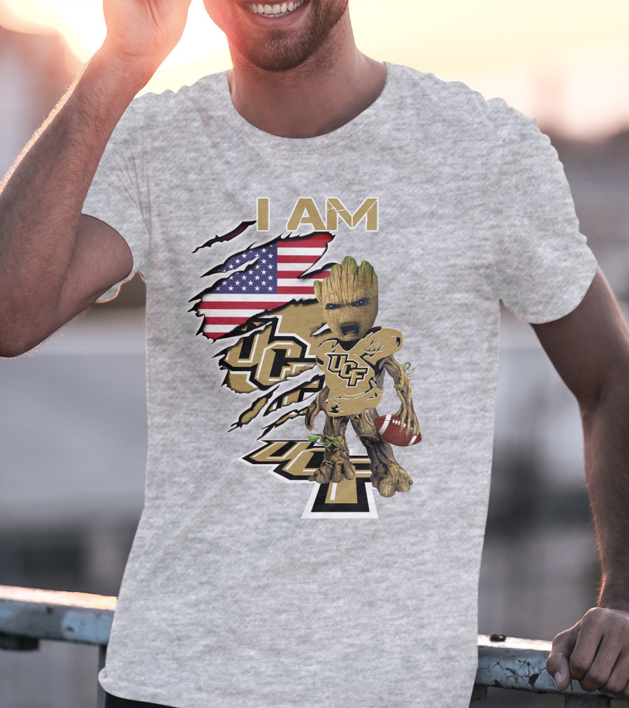UCF Baby Groot I Am American Flag Football T-Shirt