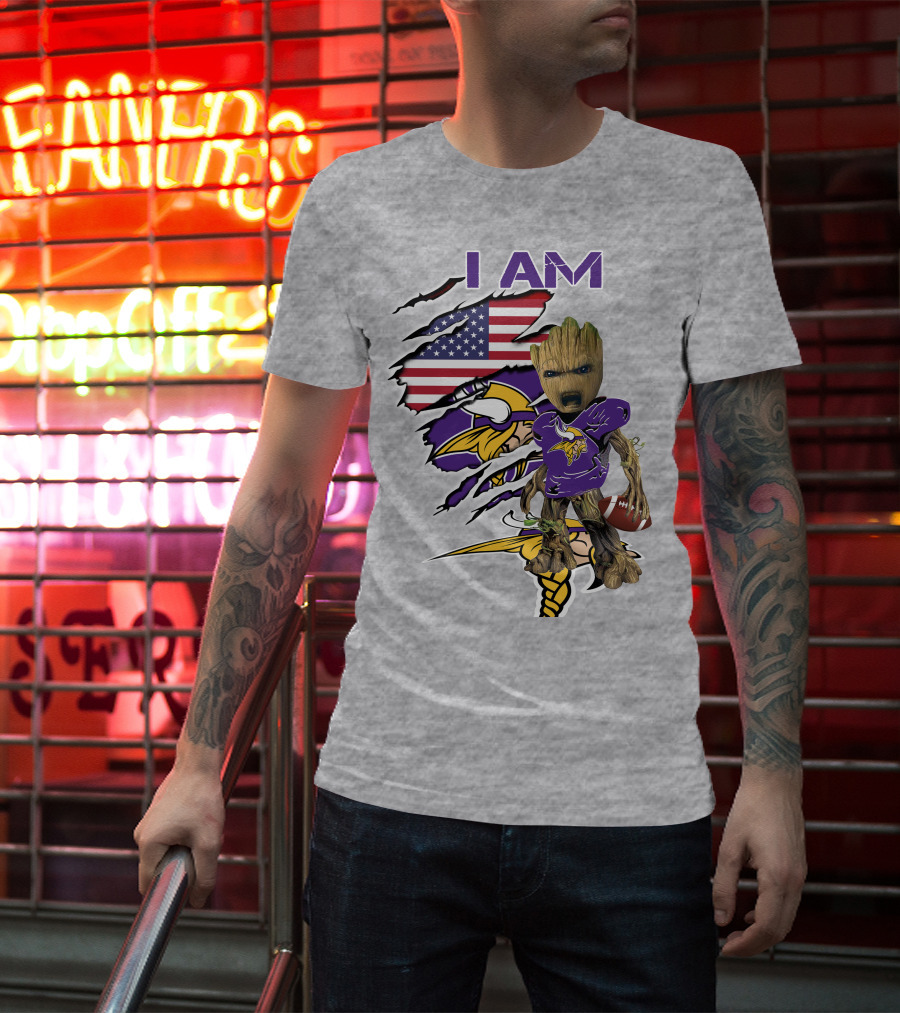 I Am Vikings Baby Groot American Flag Football T-Shirt