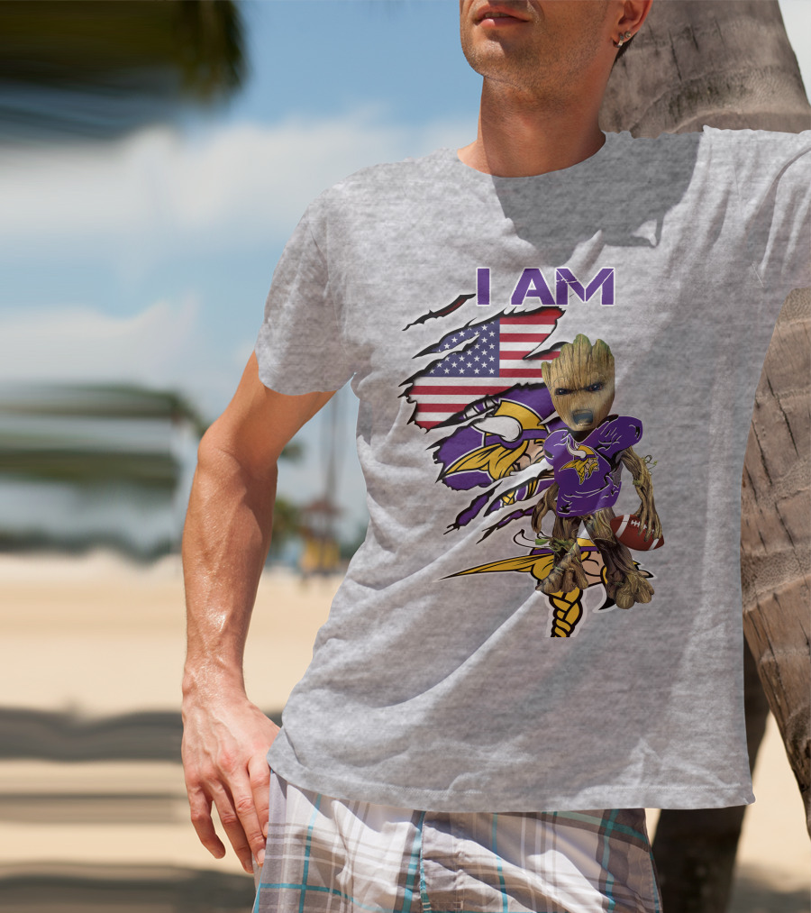 I Am Vikings Baby Groot American Flag Football T-Shirt