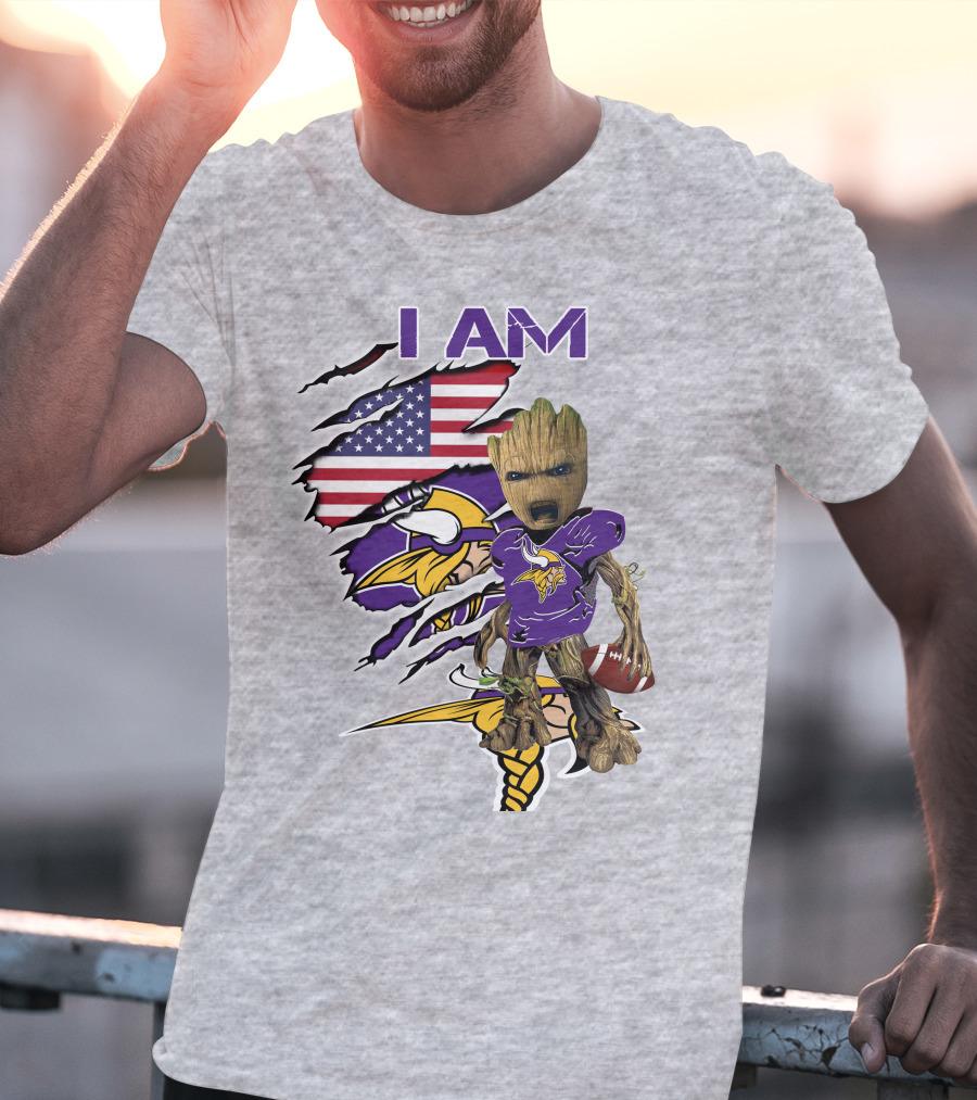 I Am Vikings Baby Groot American Flag Football T-Shirt