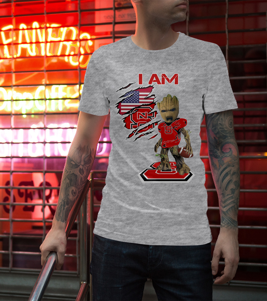 I Am NC State Baby Groot Football USA Flag T-Shirt