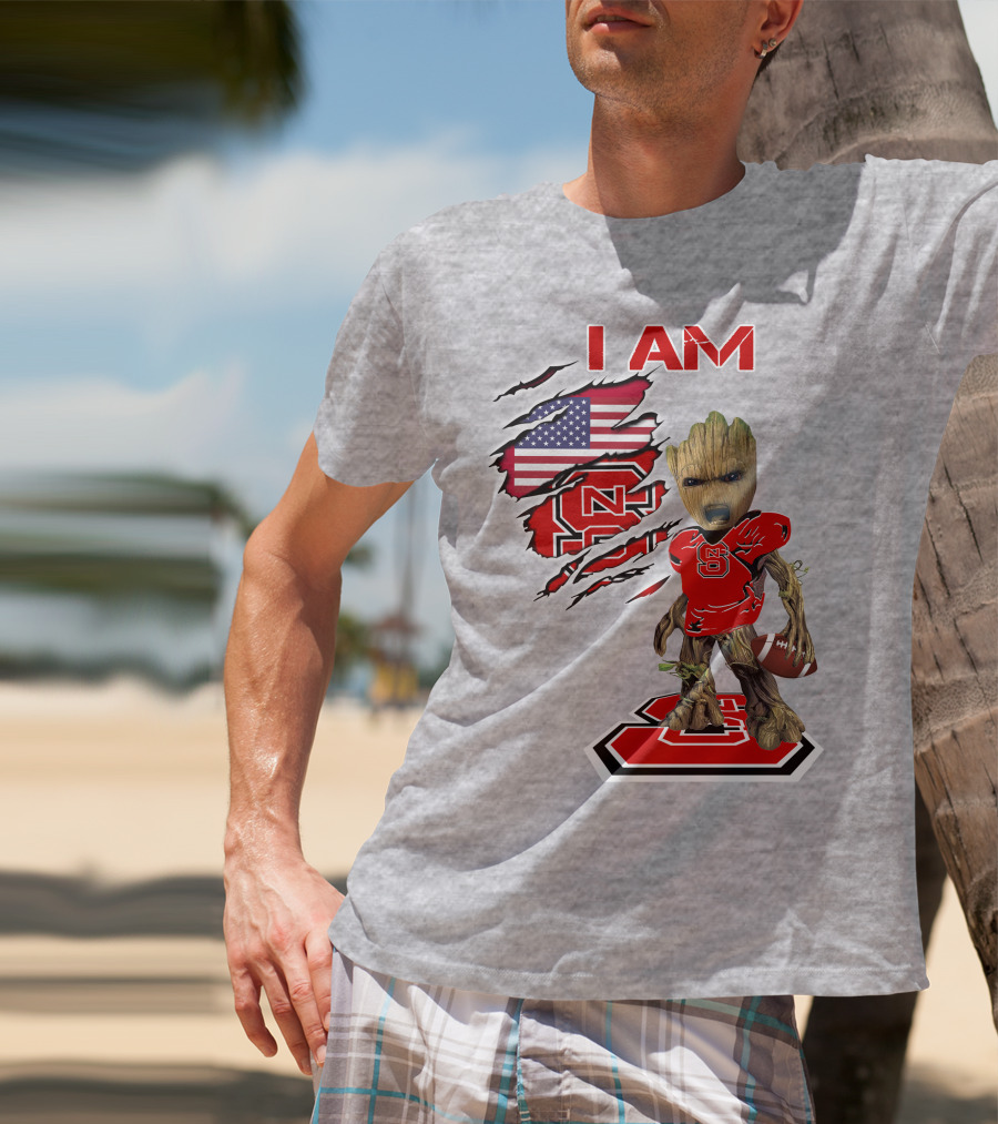 I Am NC State Baby Groot Football USA Flag T-Shirt