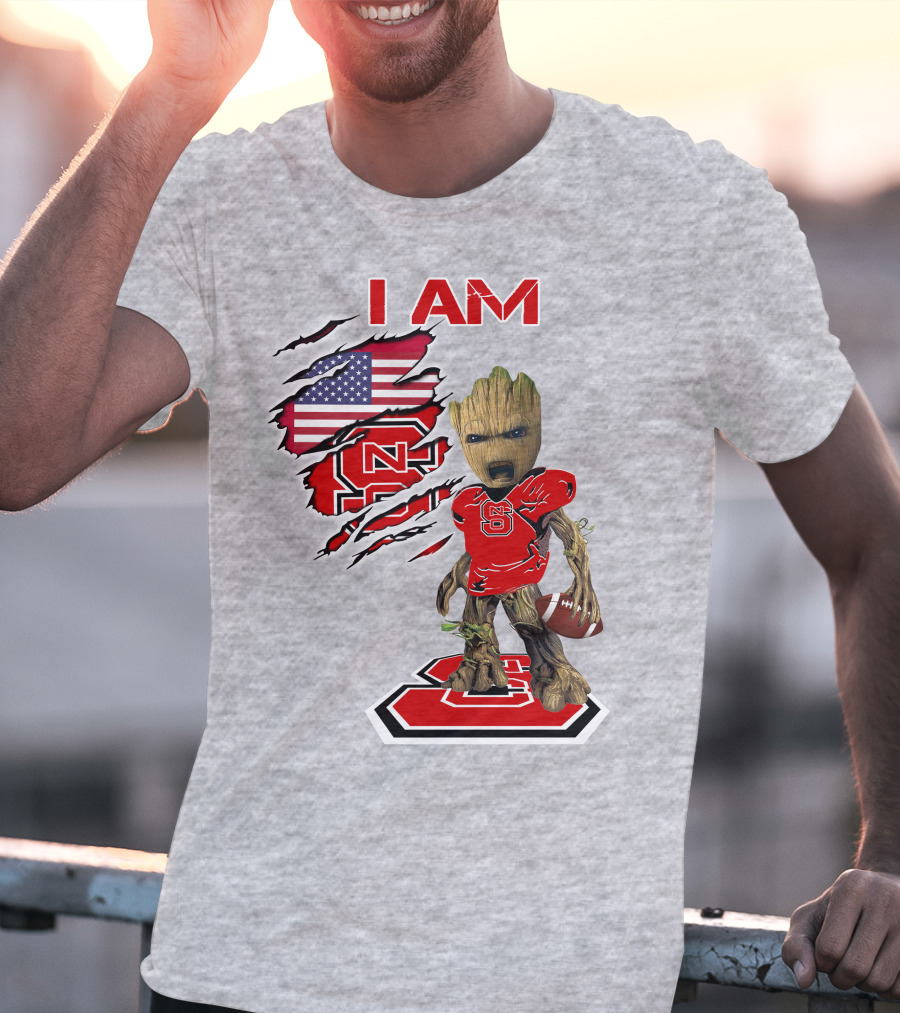 I Am NC State Baby Groot Football USA Flag T-Shirt