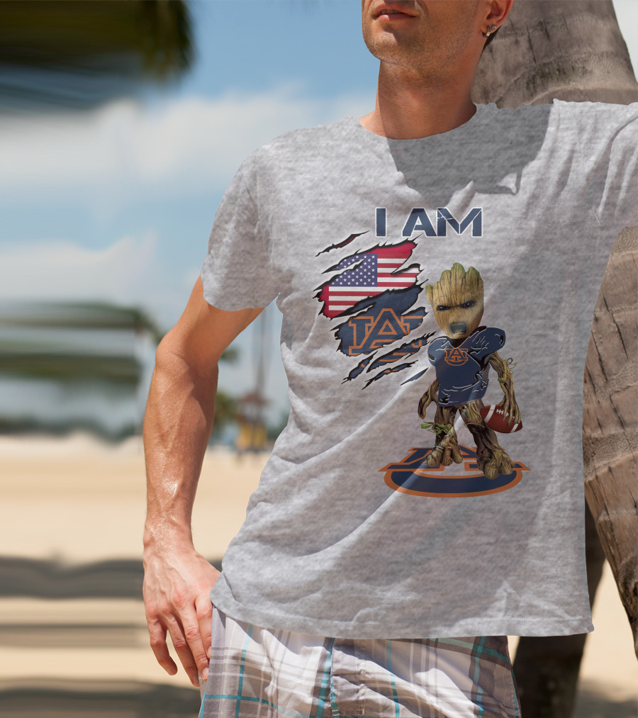 I Am Auburn Baby Groot Football Usa Flag T-Shirt