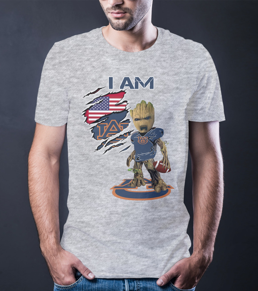 I Am Auburn Baby Groot Football Usa Flag T-Shirt