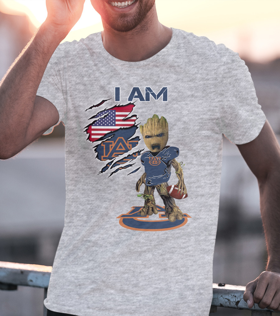 I Am Auburn Baby Groot Football Usa Flag T-Shirt