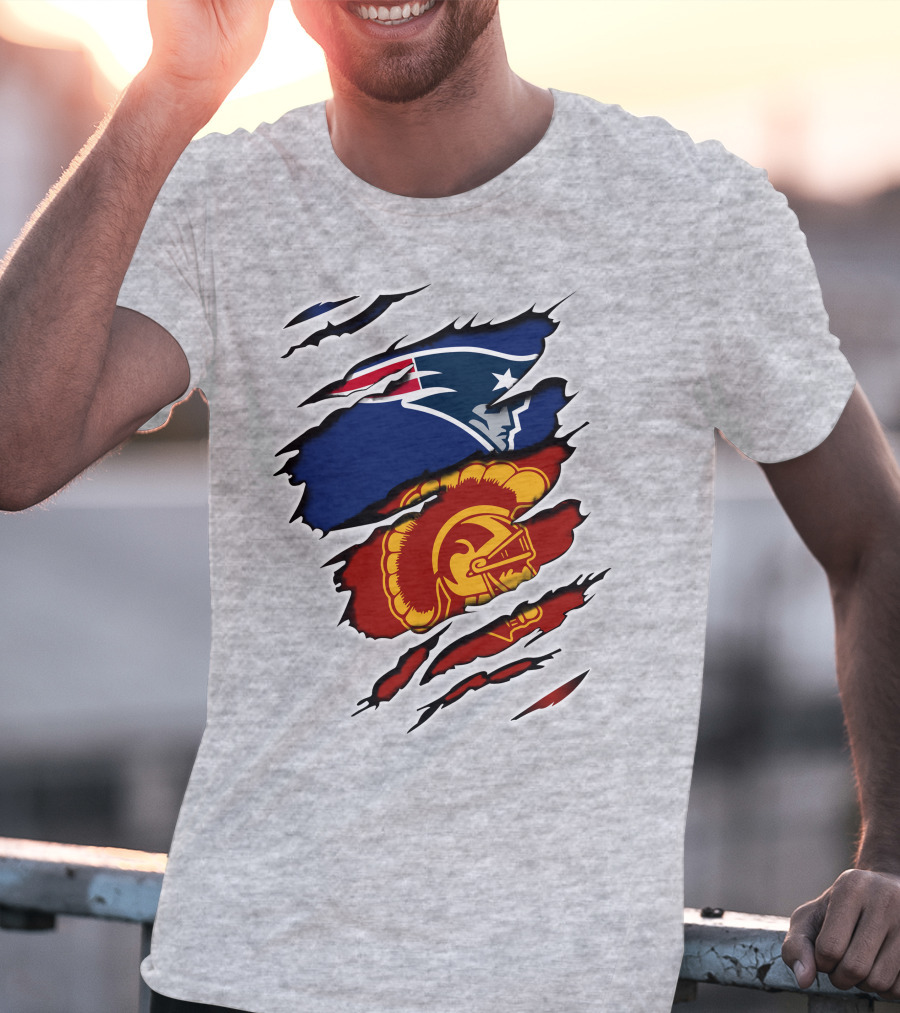 Patriots Trojans Ripped Dual Logo Fusion T-Shirt