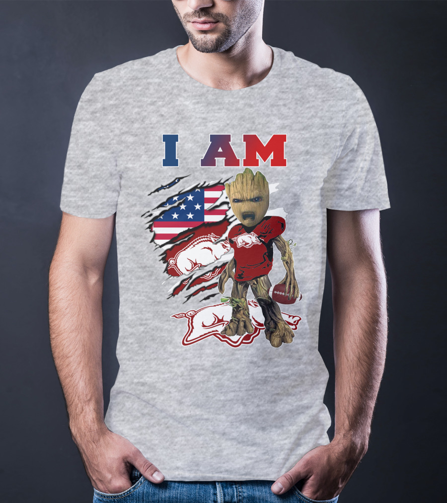 I Am Groot Arkansas Razorbacks Football American Flag T-Shirt