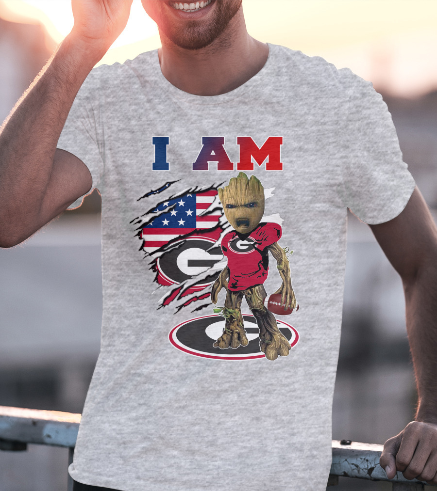 I Am Groot Holding Football Georgia Bulldogs Usa Flag T-Shirt