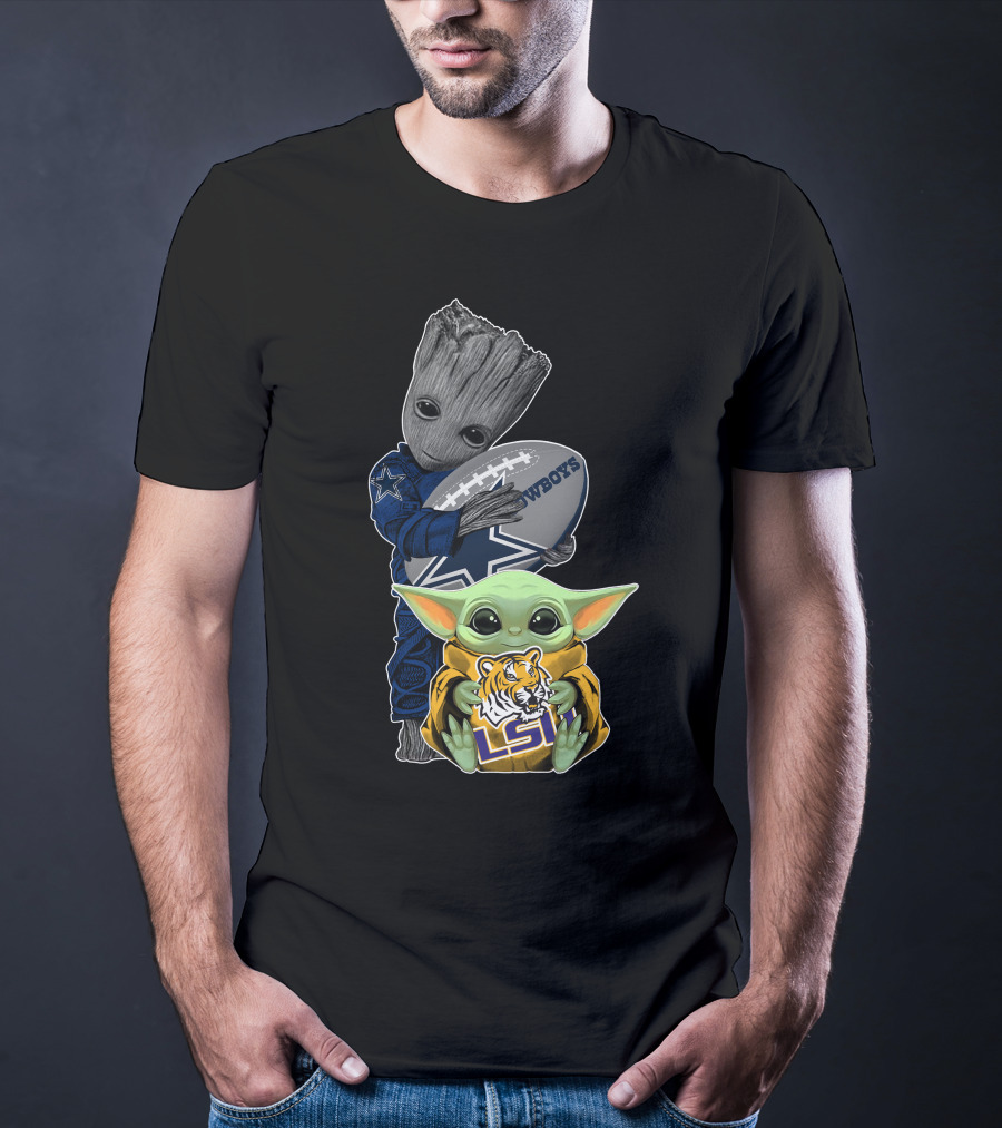 Cowboys Football Groot And Lsu Yoda With Football And Tiger T-Shirt