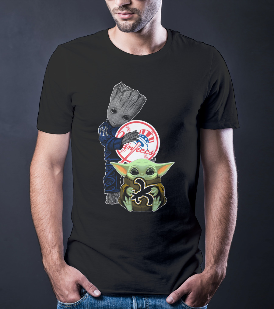 Saints Baby Yoda Yankees Groot Fan Crossover T-Shirt