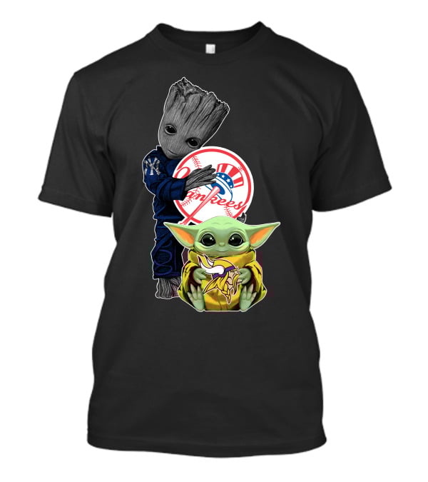 Yankees Baby Yoda With Groot Hugging Baseball T-Shirt