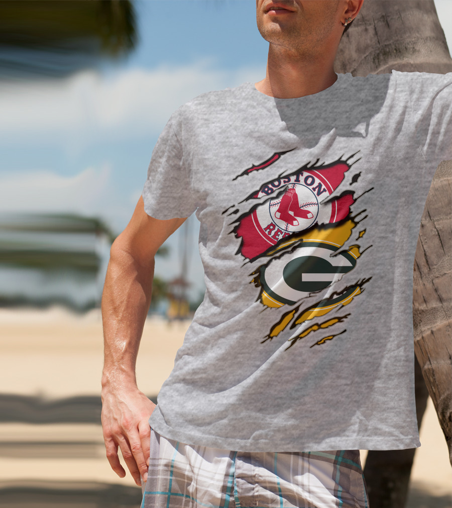 Boston Red Sox And Green Bay Packers Logo Torn T-Shirt