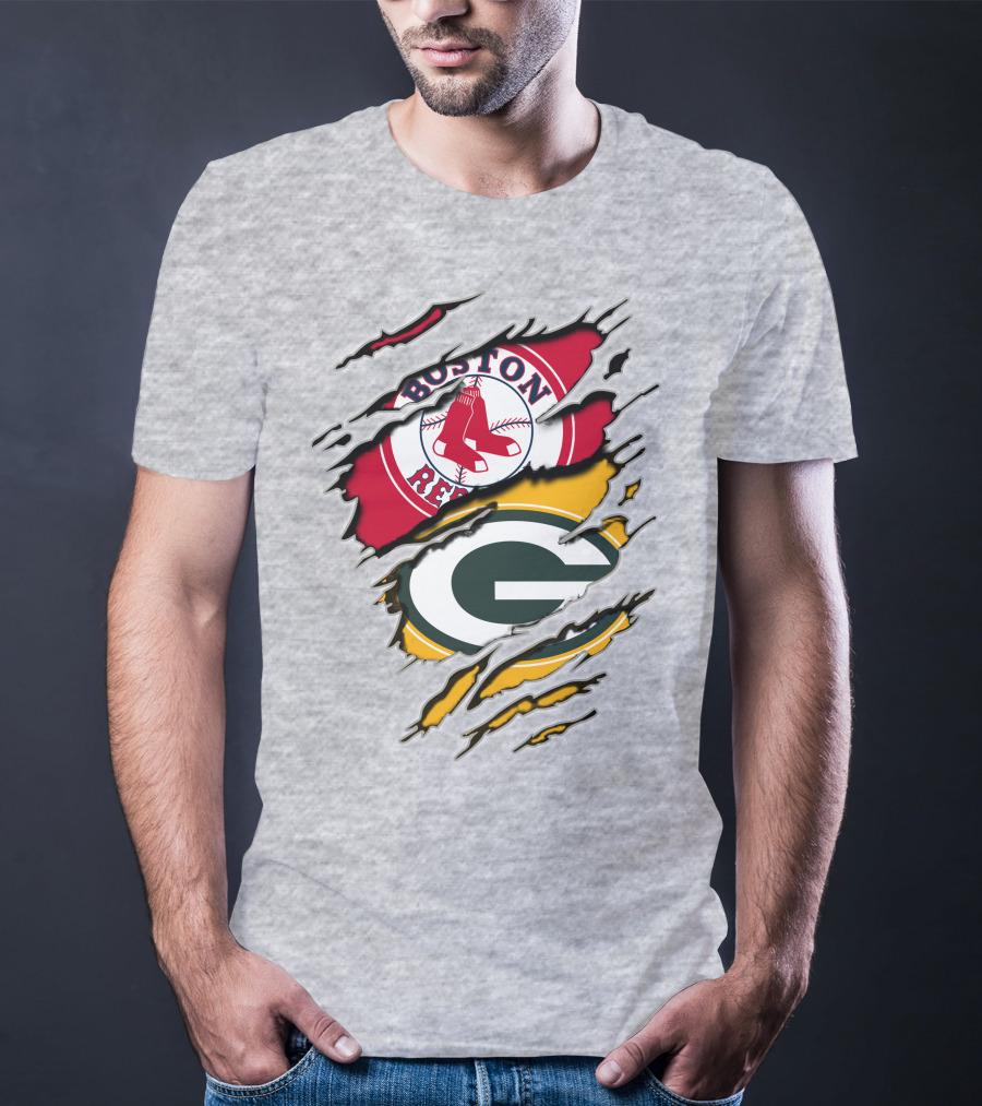 Boston Red Sox And Green Bay Packers Logo Torn T-Shirt